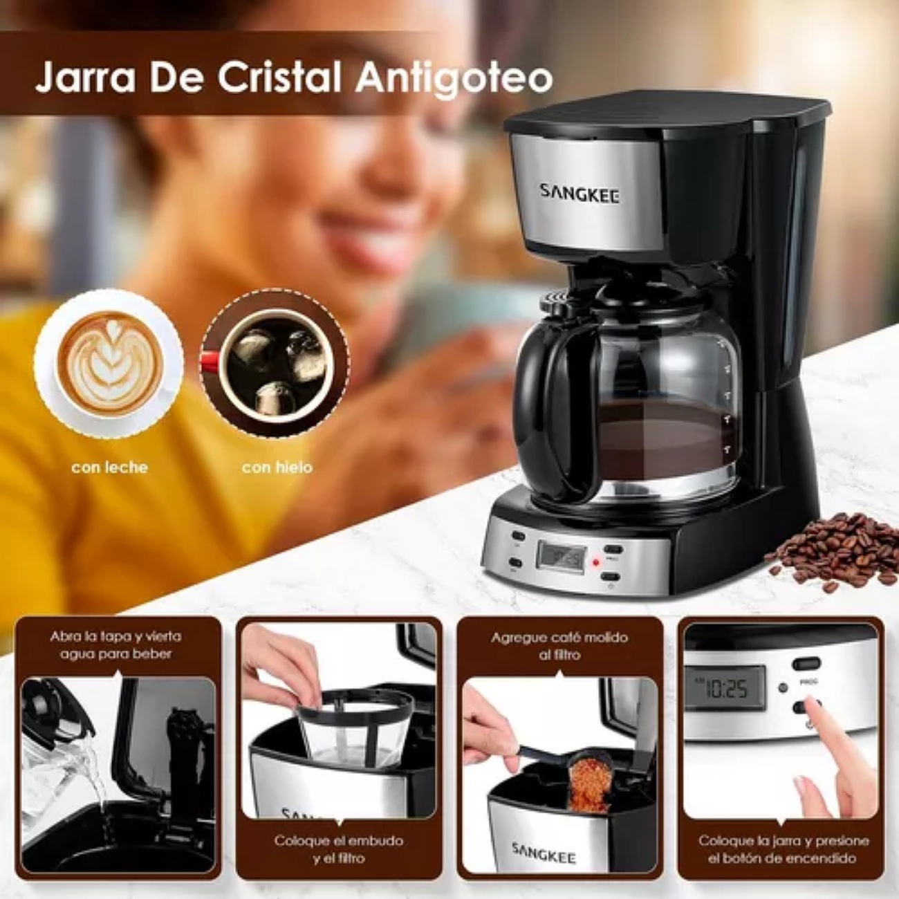 Sangkee Cafetera De Goteo, Cafetera Eléctrica 12 Tazas De Cafe Programable Con Temporizador De 24h, 1.8l Jarra De Vidrio,Electrodomesticos Cocina Cafetera Compacta Con Filtro Permanente Y Cuchar, DPS1