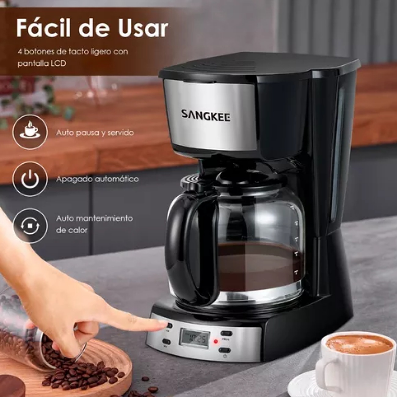Sangkee Cafetera De Goteo, Cafetera Eléctrica 12 Tazas De Cafe Programable Con Temporizador De 24h, 1.8l Jarra De Vidrio,Electrodomesticos Cocina Cafetera Compacta Con Filtro Permanente Y Cuchar, DPS1
