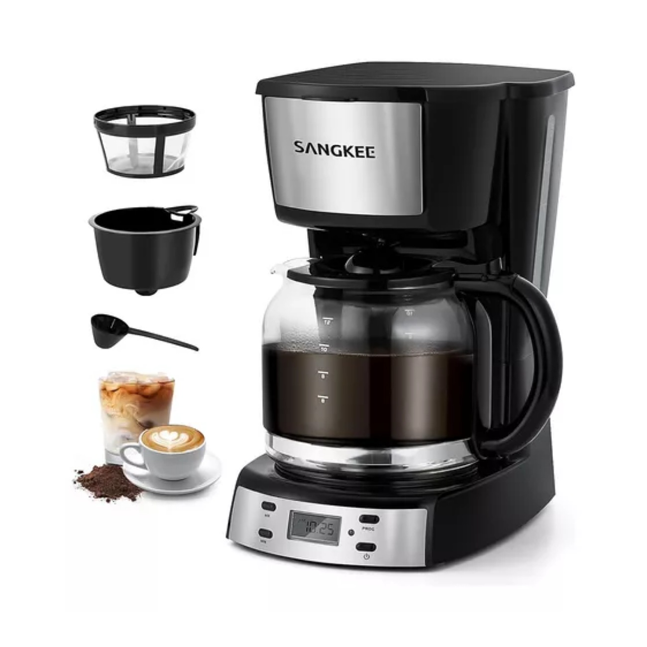 Sangkee Cafetera De Goteo, Cafetera Eléctrica 12 Tazas De Cafe Programable Con Temporizador De 24h, 1.8l Jarra De Vidrio,Electrodomesticos Cocina Cafetera Compacta Con Filtro Permanente Y Cuchar, DPS1