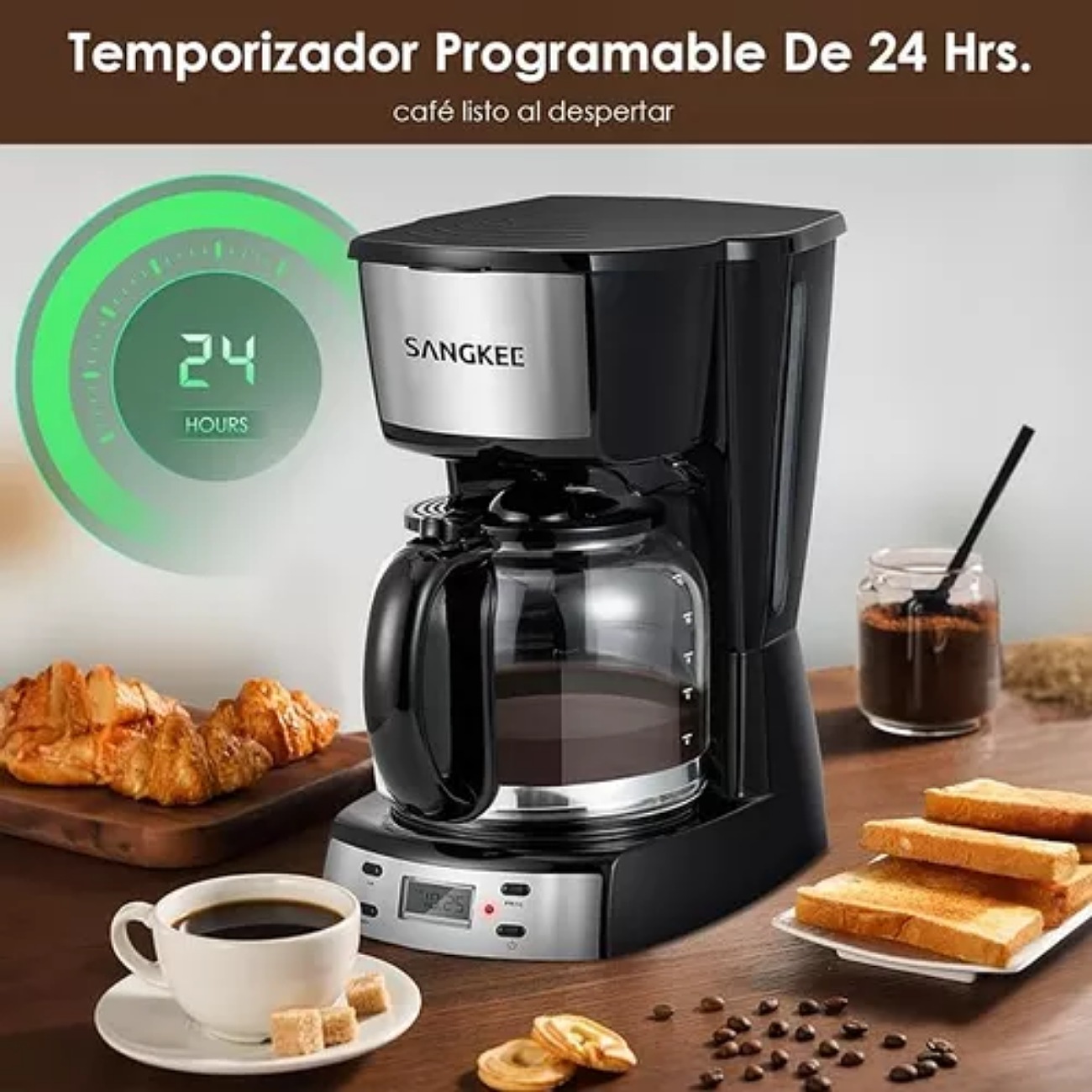 Sangkee Cafetera De Goteo, Cafetera Eléctrica 12 Tazas De Cafe Programable Con Temporizador De 24h, 1.8l Jarra De Vidrio,Electrodomesticos Cocina Cafetera Compacta Con Filtro Permanente Y Cuchar, DPS1