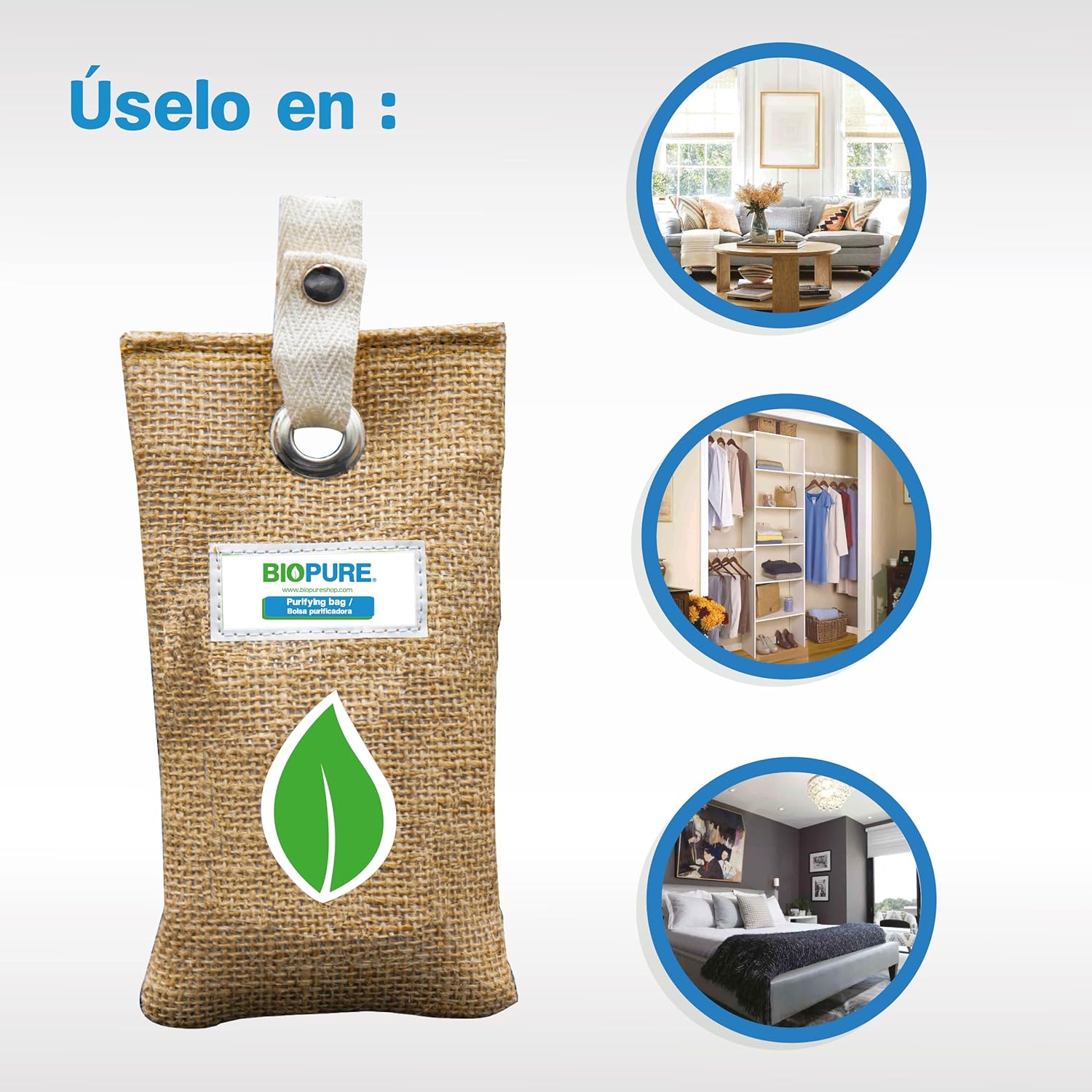 Biopure - Kit bolsas purificadoras - Carbón activado 100% biodegradable - Bambú - Remueve malos olores, humedad, moho y alérgenos - Ideal para closets, zapatos, baños, lockers, mini-bodegas, coches y más (150 gr).