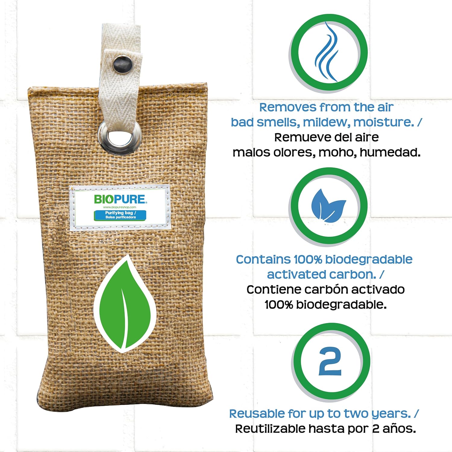 Biopure - Kit bolsas purificadoras - Carbón activado 100% biodegradable - Bambú - Remueve malos olores, humedad, moho y alérgenos - Ideal para closets, zapatos, baños, lockers, mini-bodegas, coches y más (150 gr).