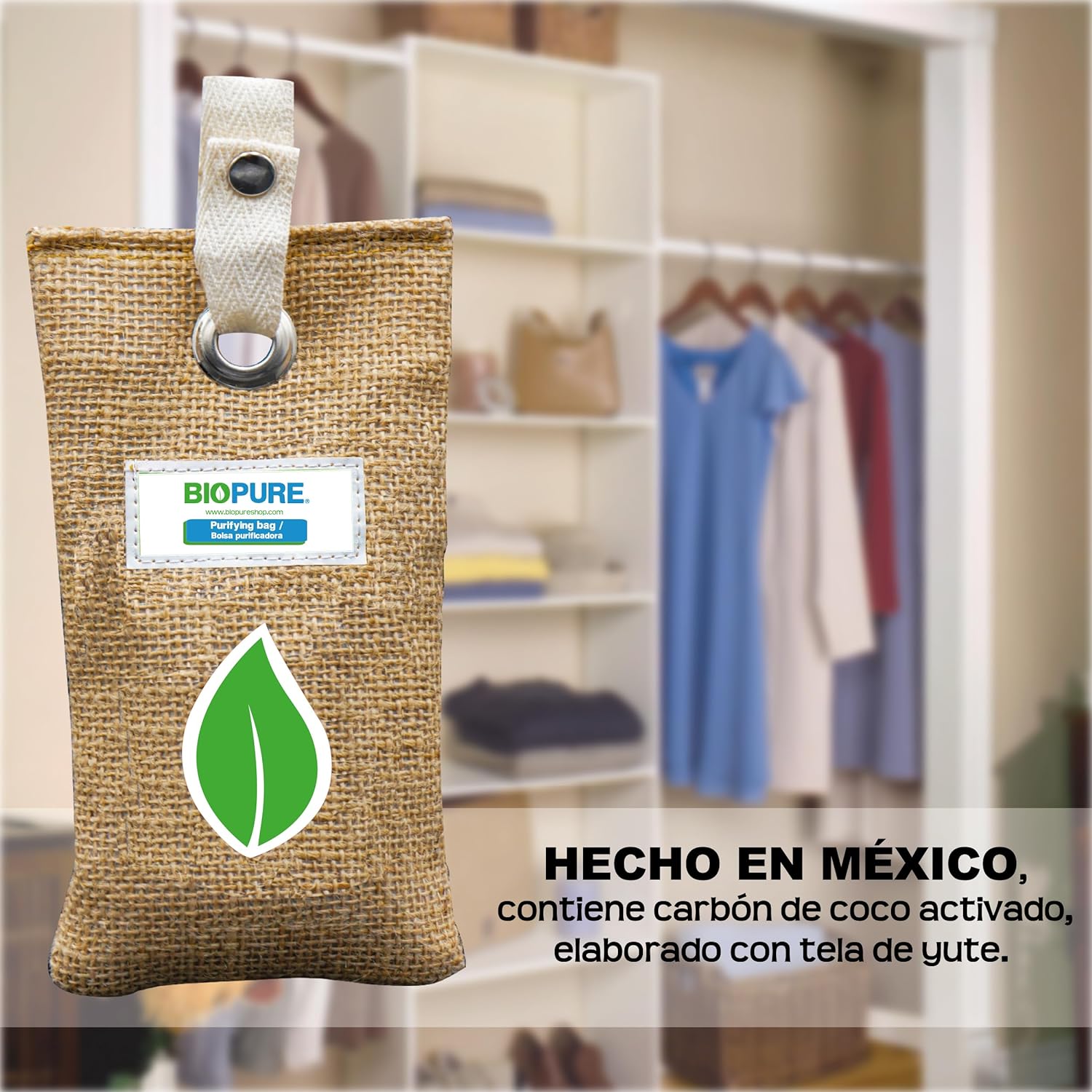 Biopure - Kit bolsas purificadoras - Carbón activado 100% biodegradable - Bambú - Remueve malos olores, humedad, moho y alérgenos - Ideal para closets, zapatos, baños, lockers, mini-bodegas, coches y más (150 gr).