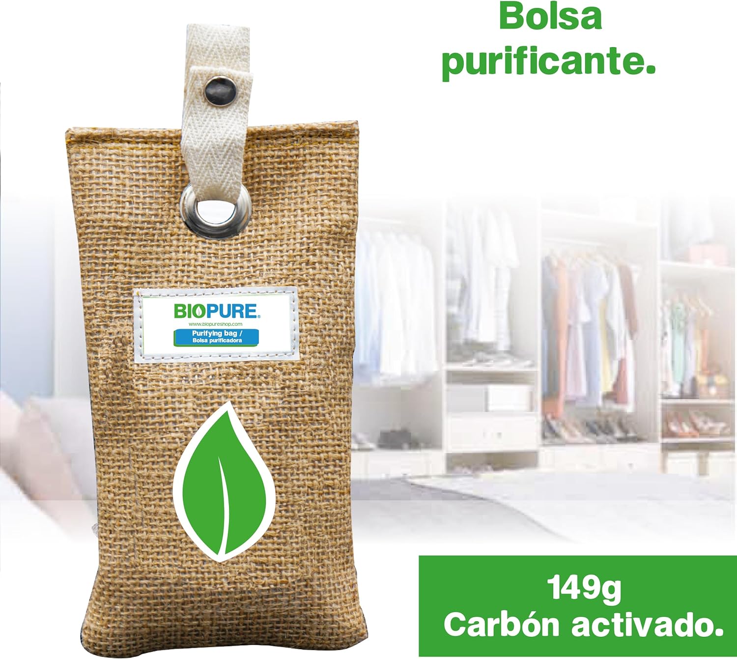 Biopure - Kit bolsas purificadoras - Carbón activado 100% biodegradable - Bambú - Remueve malos olores, humedad, moho y alérgenos - Ideal para closets, zapatos, baños, lockers, mini-bodegas, coches y más (150 gr).