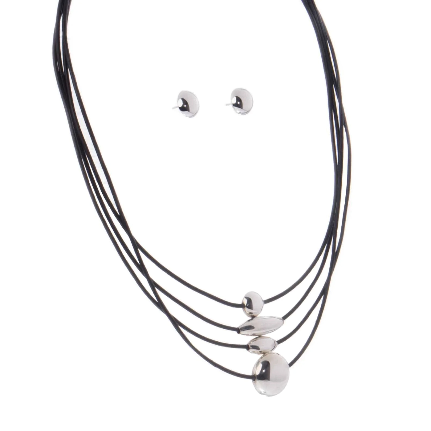 Juego de collar y aretes de fina piel con figuras geométricas de Plata ley 925.