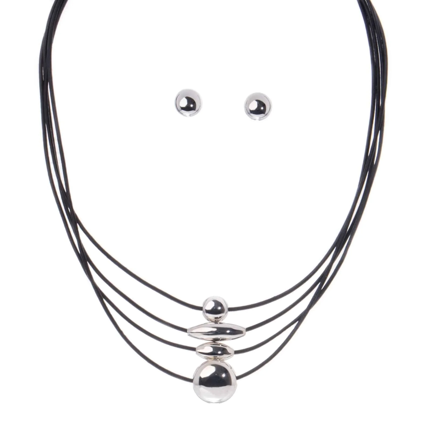 Juego de collar y aretes de fina piel con figuras geométricas de Plata ley 925.