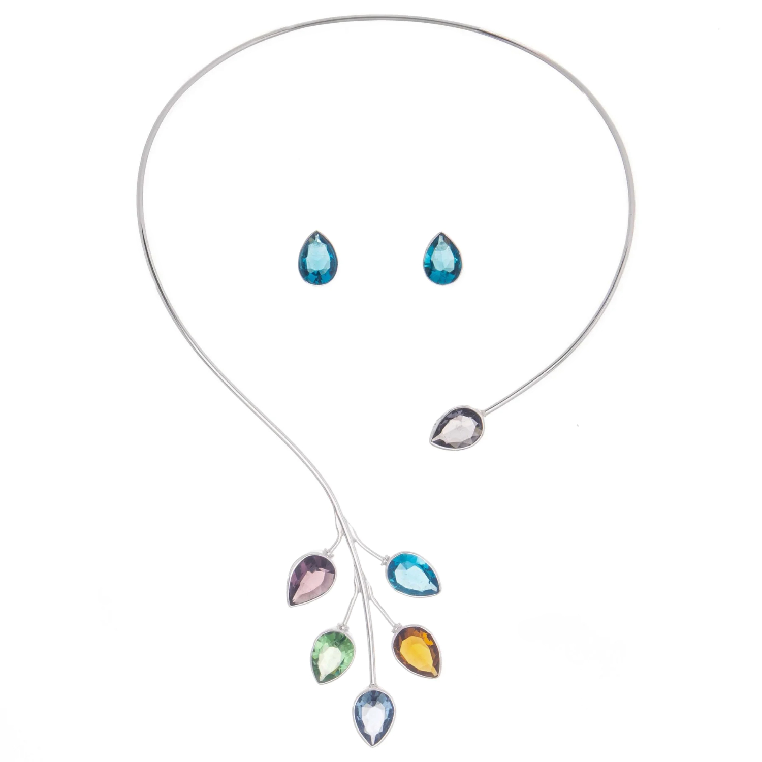 Juego de gargantilla y aretes de plata ley 925 diseño de colección con hojas de cristal de alto brillo.