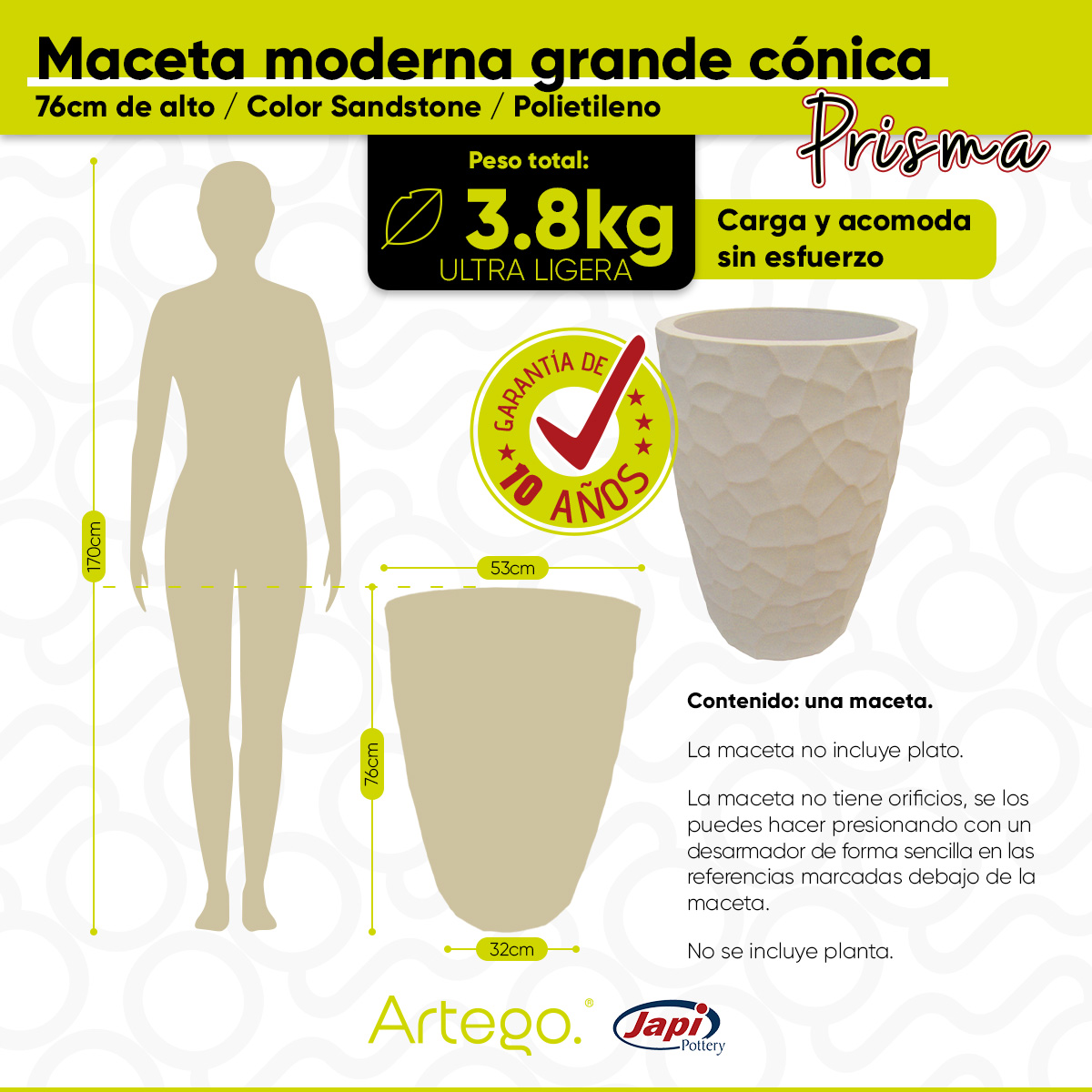 Maceta moderna para exteriores cónica grande 76 cm de alto PRISMA de Polietileno ultra ligera Artego Japi.