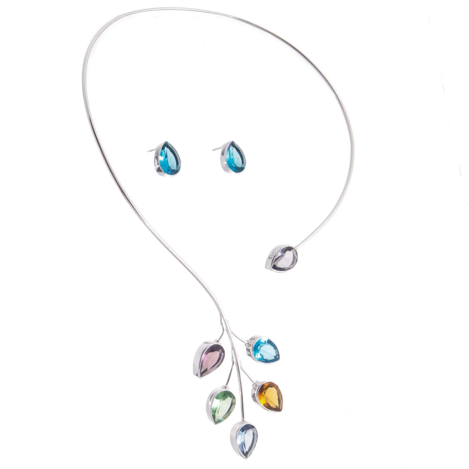 Juego de gargantilla y aretes de plata ley 925 diseño de colección con hojas de cristal de alto brillo.