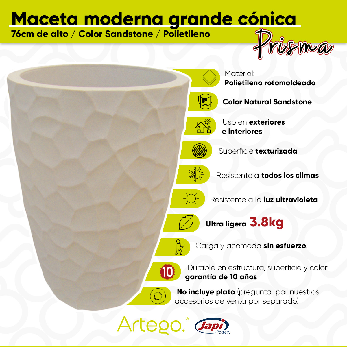 Maceta moderna para exteriores cónica grande 76 cm de alto PRISMA de Polietileno ultra ligera Artego Japi.