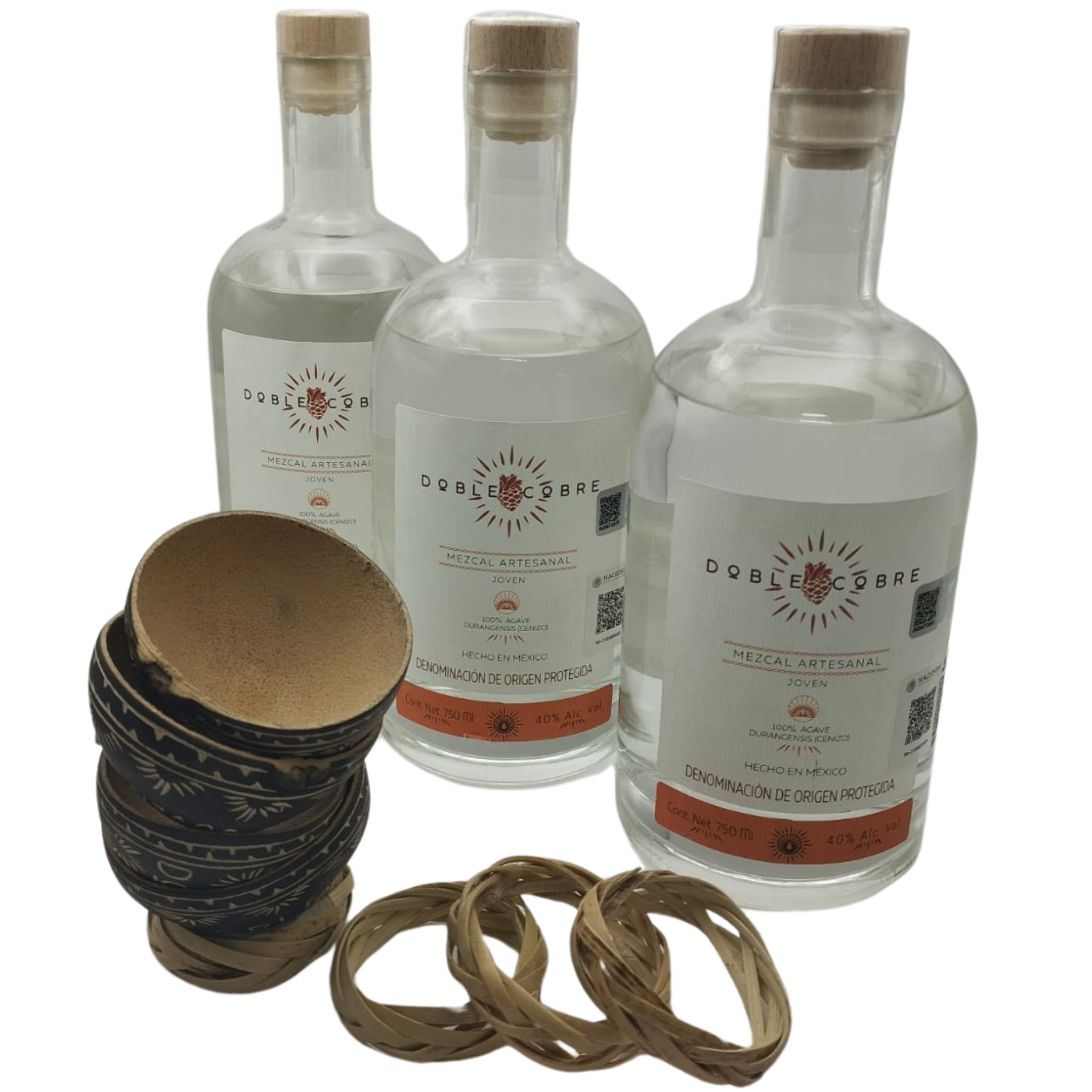 DOBLE COBRE | 3 Botellas de 750 ML | Mezcal Artesanal Premium | Joven 100% Agave Cenizo DURANGENSIS | 40% Grados de Alcohol | PACK con regalo de 4 Jicaras Para Beber Mezcal.