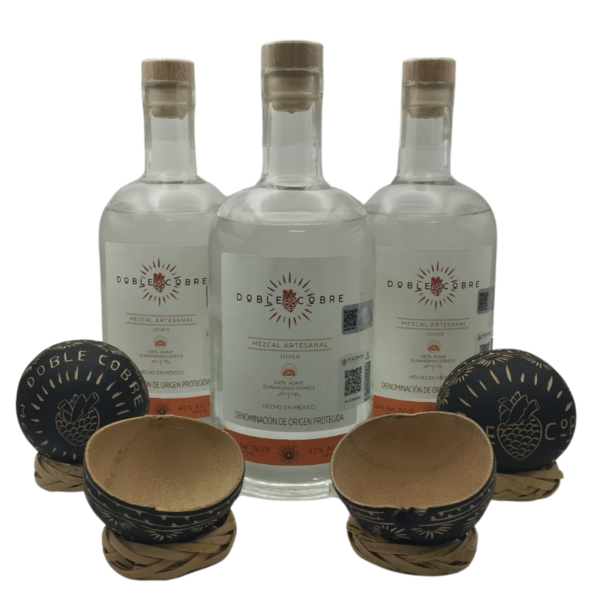 DOBLE COBRE | 3 Botellas de 750 ML | Mezcal Artesanal Premium | Joven 100% Agave Cenizo DURANGENSIS | 40% Grados de Alcohol | PACK con regalo de 4 Jicaras Para Beber Mezcal.