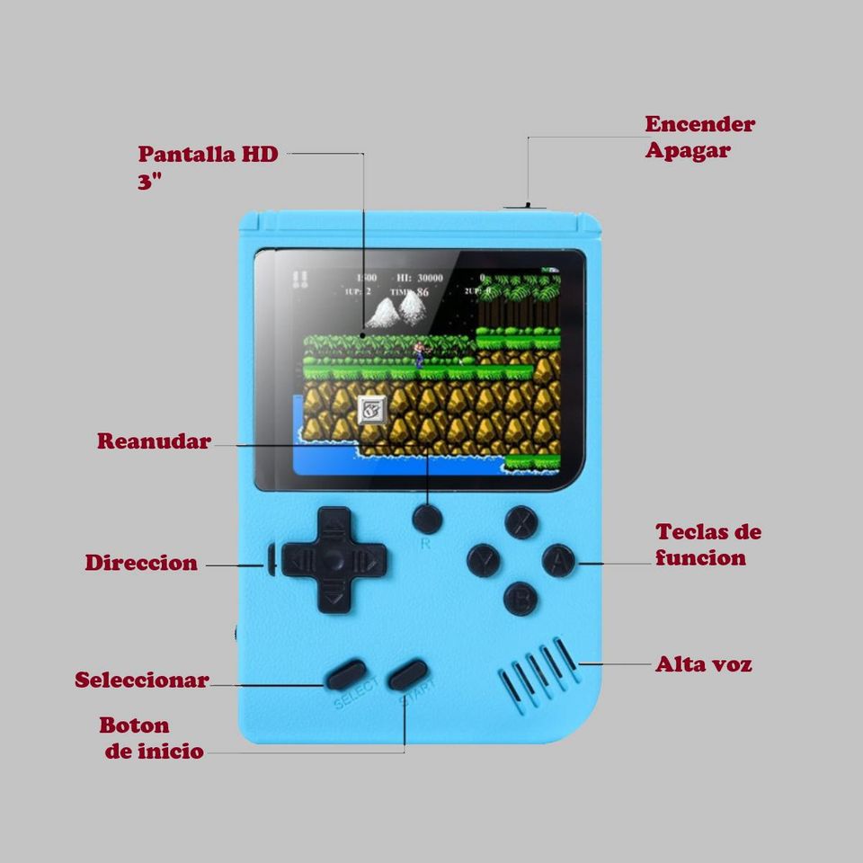 Mini consola portátil retro videojuegos color azul LCD 3" 500 juegos recargable usb gamer portatil