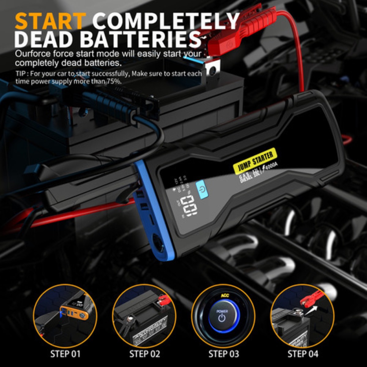 Arrancador De Batería Coche, 4000 A, 28000mah Con Smart Clip