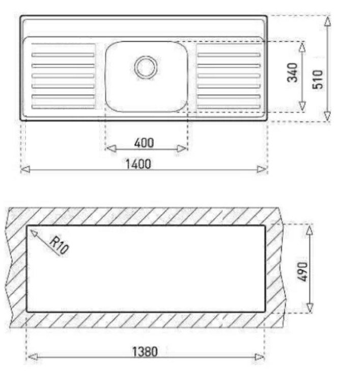 TARJA / FREGADERO TEKA 1400.510 1C 2E 1 PERF PARA EMPOTRAR DE 140 CM (55 PULGADAS) CON UNA TINA Y ESCURRIDOR EN ACERO INOXIDABLE.