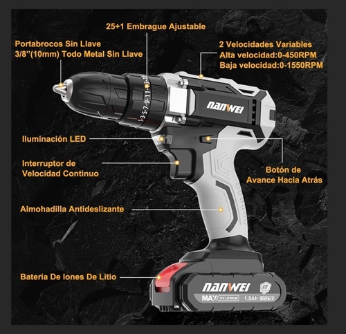 Taladro Atornillador Inalámbrico Nanwei 2batería D Litio 21v Color Gris