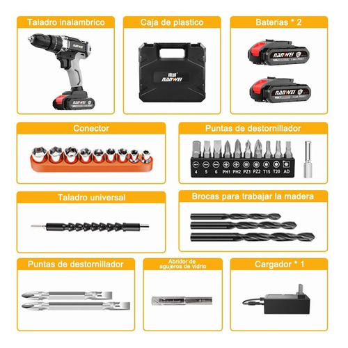 Taladro Atornillador Inalámbrico Nanwei 2batería D Litio 21v Color Gris