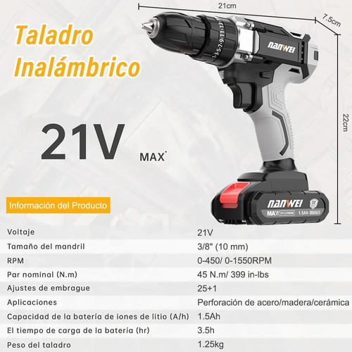 Taladro Atornillador Inalámbrico Nanwei 2batería D Litio 21v Color Gris