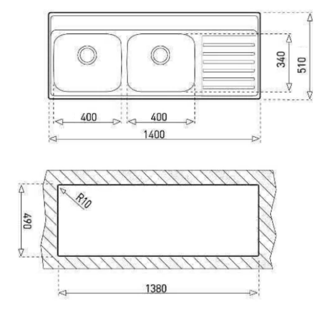 TARJA / FREGADERO TEKA 1400.510 2C 1E I/D DER 1 PERF PARA EMPOTRAR DE 140 CM (55 PULGADAS) CON DOS TINAS Y ESCURRIDOR EN ACERO INOXIDABLE