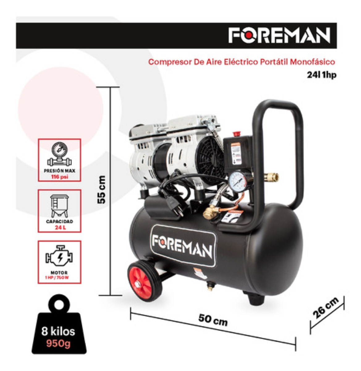 Compresor Libre De Aceite Silencioso 1hp Foreman 24l 110v