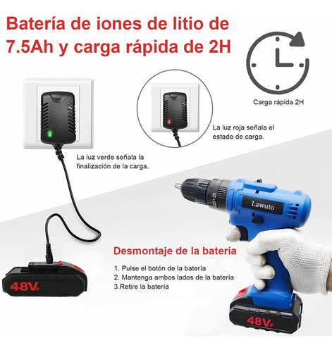 Taladro Electrico Atornillador Inalámbrico Impacto Kit 48v Color Azul