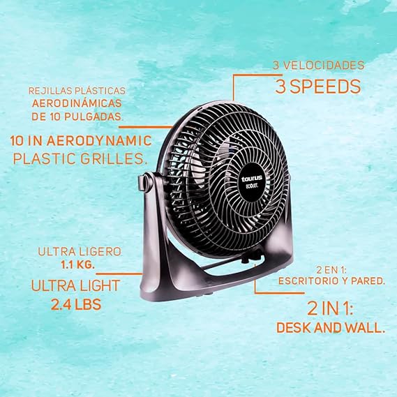 TAURUS OASIS | Ventilador de Escritorio 10 Pul. | 2 en 1: Mesa y Pared| 30% Mas Flujo de Aire y Menos Ruido| Ventilador Portatil| Empotrable en Pared| ECOJET