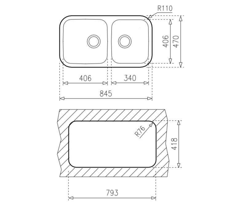 TARJA / FREGADERO TEKA BE 2C 845 (TU 33.18) PARA SUBMONTAR DE 85 CM (33 PULGADAS) CON DOS TINAS EN ACERO INOXIDABLE.
