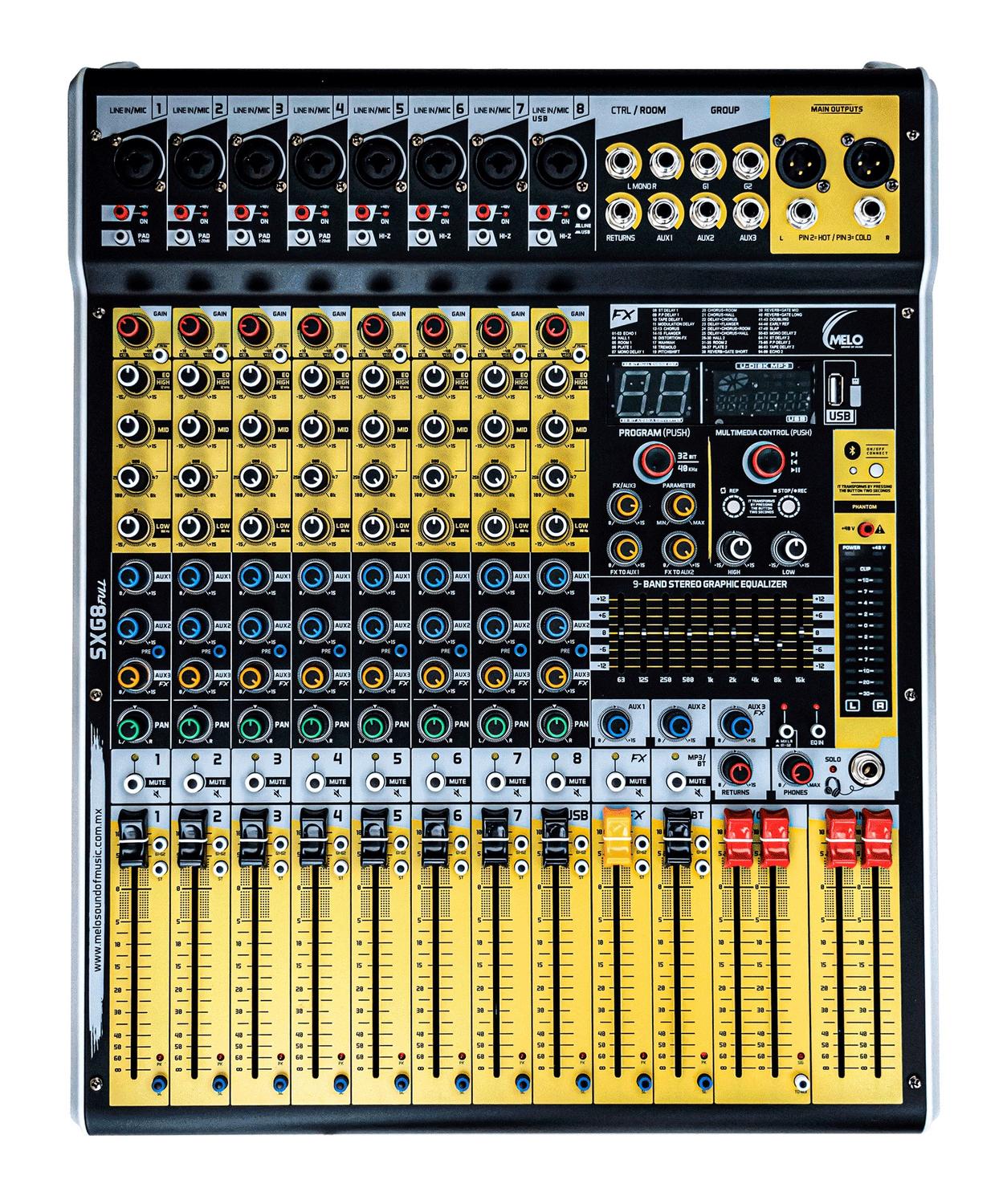 Melo SPM SXG8 FULL Mezcladora Análoga 8 Canales Con Bluetooth.