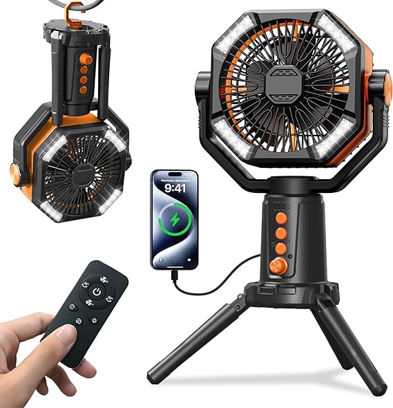 WELIKERA Ventilador Portátil de Camping 30000mAh con Doble Motor, 8 Velocidades, Luz LED y Control Remoto - Ventilador Recargable para Tienda de Campaña, Emergencias y Trabajo