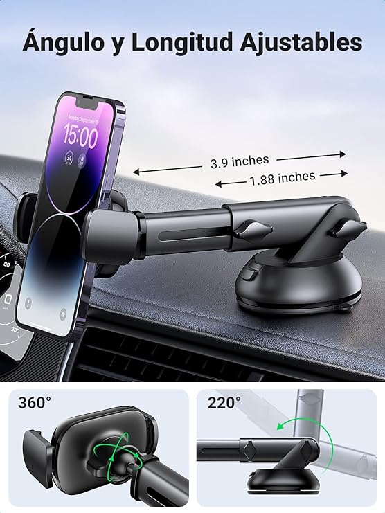 UGREEN Soporte Celular Auto, Base Porta Celular para Automóvil Tablero y Parabrisas, Car Phone Holder Ventosa Carro para iPhone 15 14 13 12 Pro MAX Plus, Galaxy S24 S23 S22 Ultra, Xiaomi Redmi, Negro