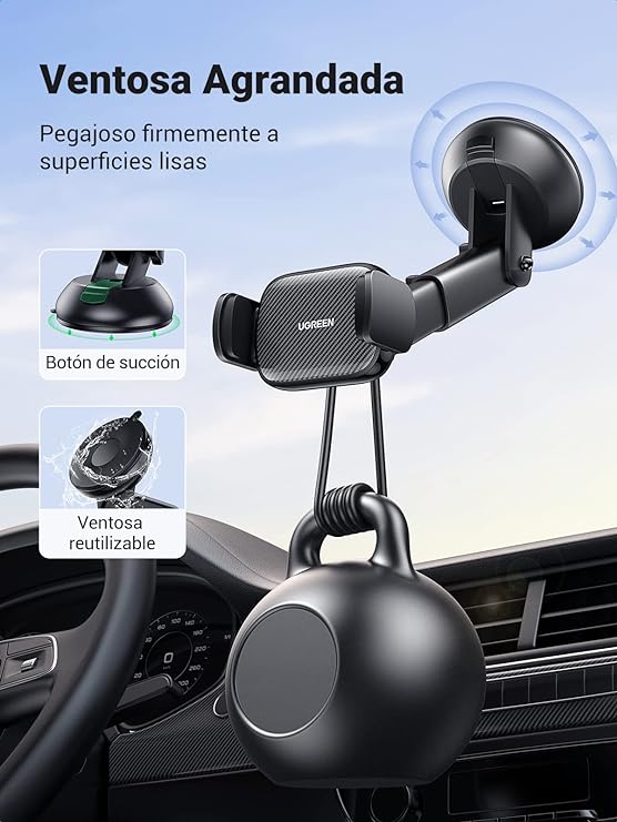 UGREEN Soporte Celular Auto, Base Porta Celular para Automóvil Tablero y Parabrisas, Car Phone Holder Ventosa Carro para iPhone 15 14 13 12 Pro MAX Plus, Galaxy S24 S23 S22 Ultra, Xiaomi Redmi, Negro