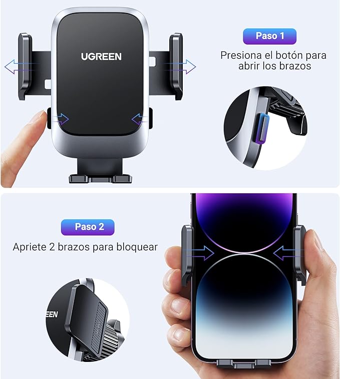 UGREEN Soporte Celular Automóvil, Base Porta Móvil Auto Giratorio 360° con Gancho Metálico y Botón de Liberación, Uso con Una Sola Mano para iPhone 15 14 13 12 Pro MAX, Galaxy S24 S23 S22 Ultra, Redmi