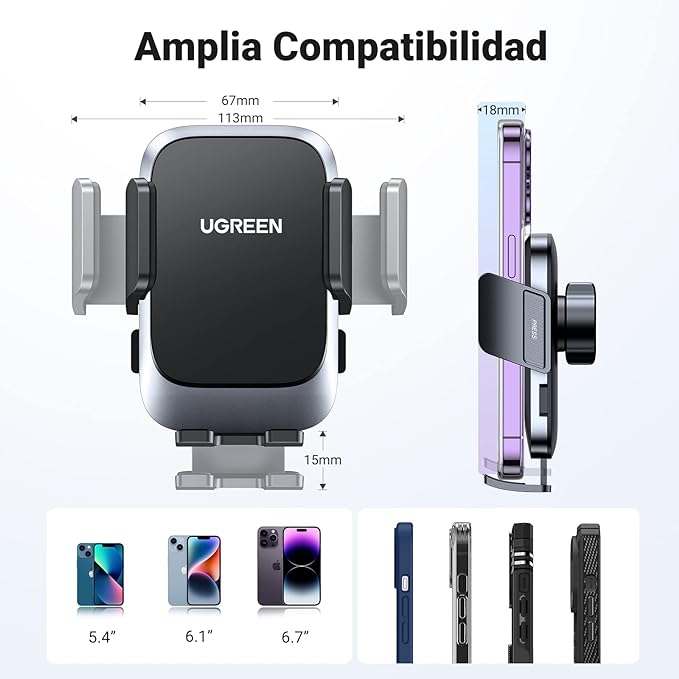 UGREEN Soporte Celular Automóvil, Base Porta Móvil Auto Giratorio 360° con Gancho Metálico y Botón de Liberación, Uso con Una Sola Mano para iPhone 15 14 13 12 Pro MAX, Galaxy S24 S23 S22 Ultra, Redmi