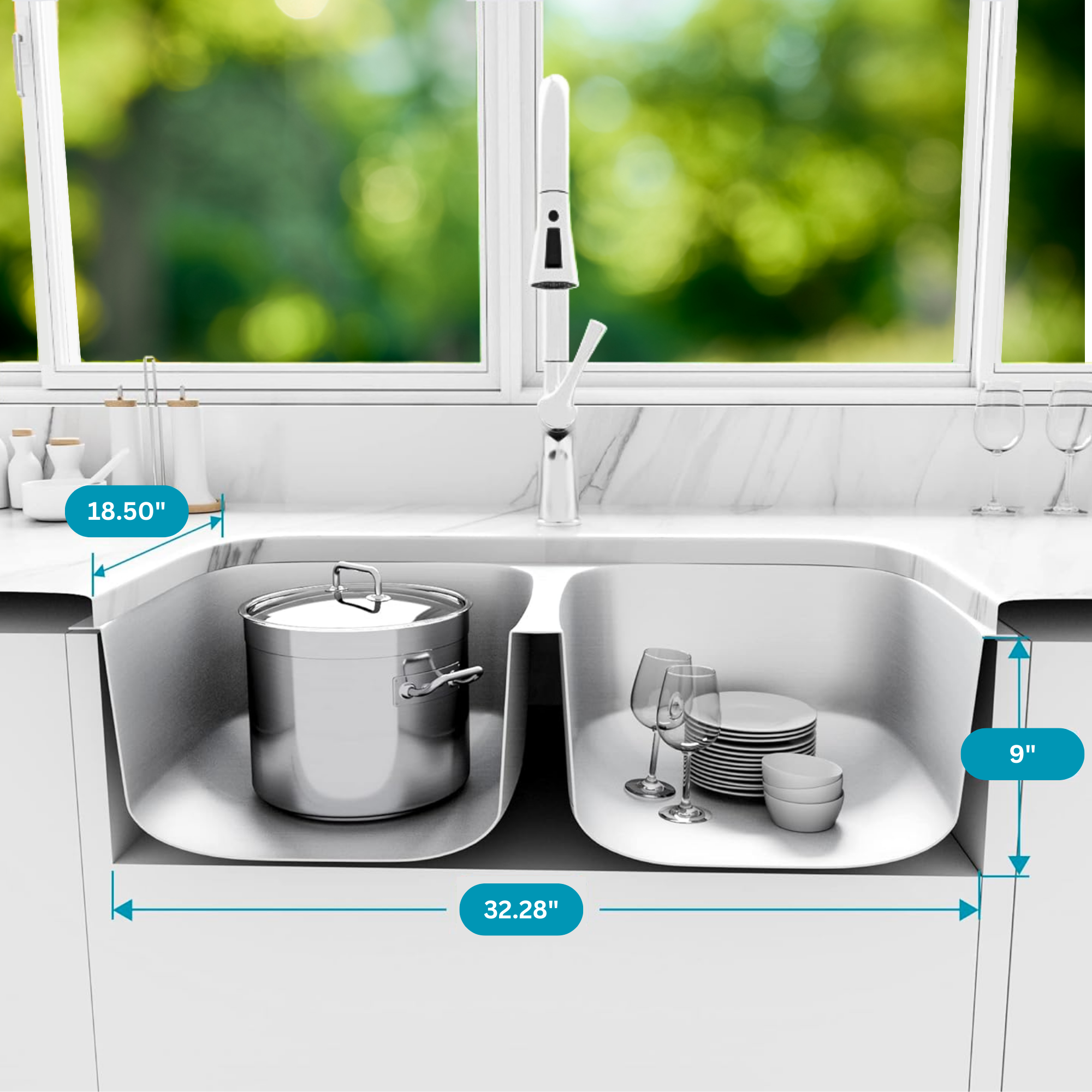 Tarja Doble para Submontar Calibre 18'' - Fregadero para Cocina de Acero Inoxidable 304 Calibre 18" de Alta Resistencia - Color Plata Satinado