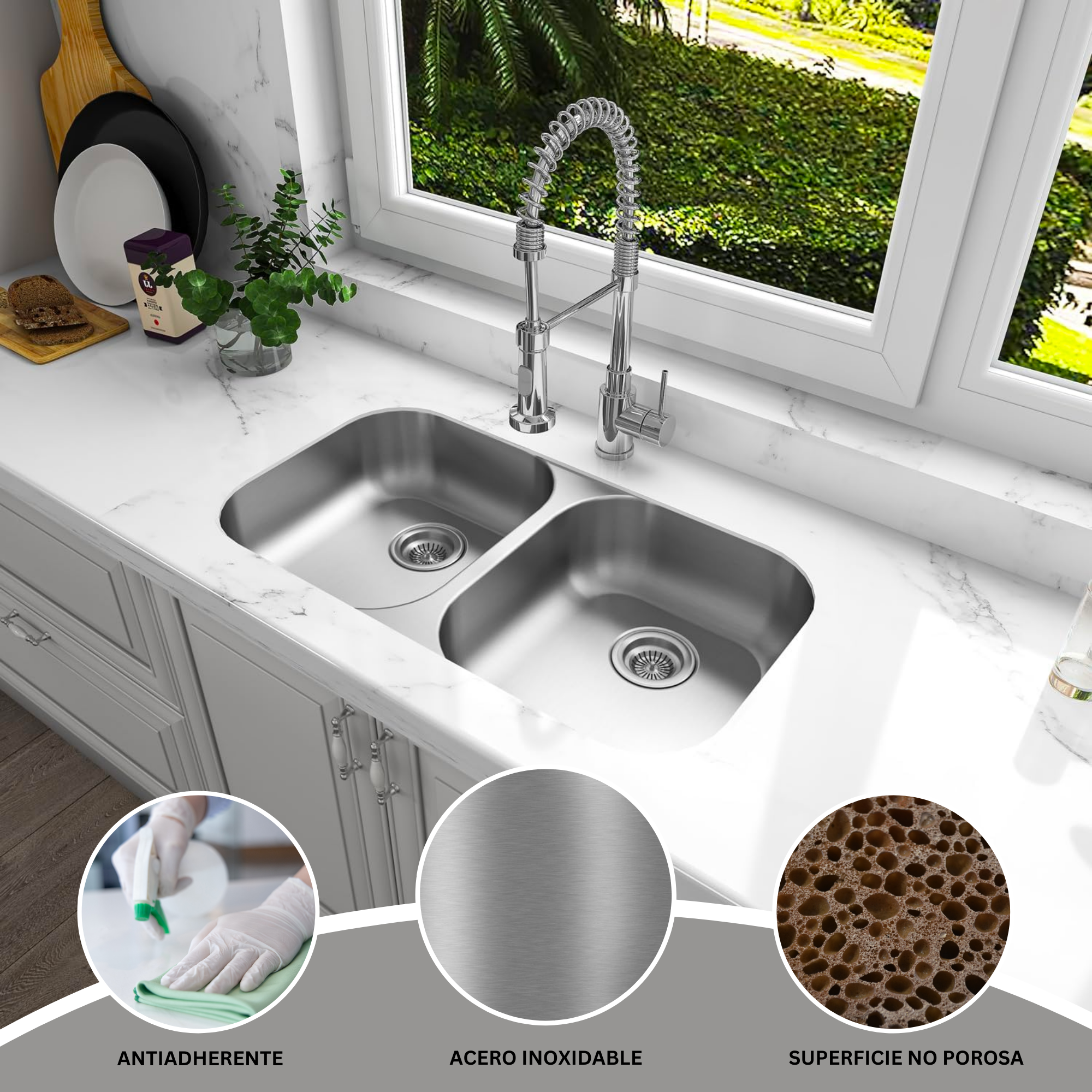 Tarja Doble para Submontar Calibre 18'' - Fregadero para Cocina de Acero Inoxidable 304 Calibre 18" de Alta Resistencia - Color Plata Satinado