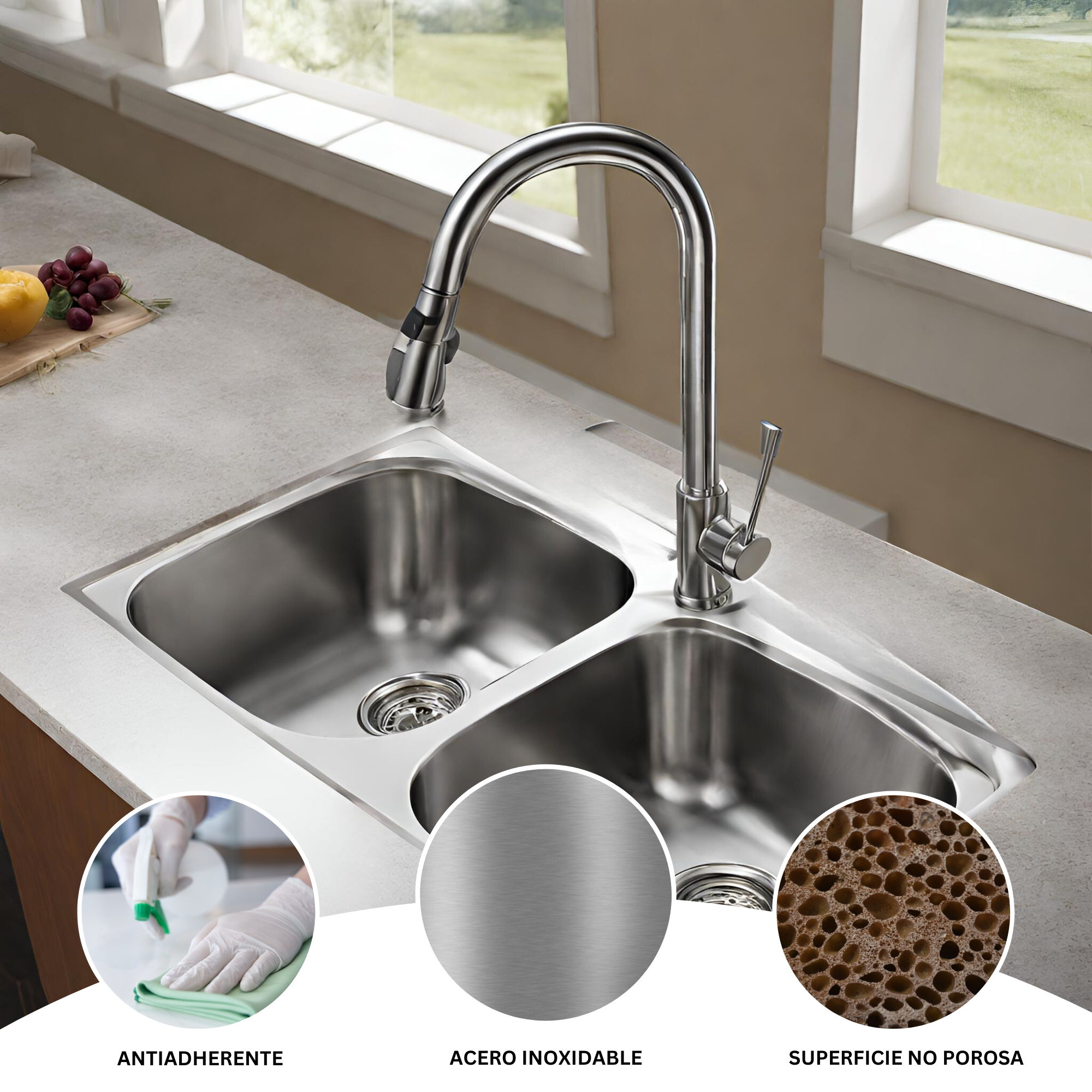 Tarja Doble para Submontar Calibre 18'' - Fregadero para Cocina de Acero Inoxidable 304 Calibre 18" de Alta Resistencia - Color Plata Satinado