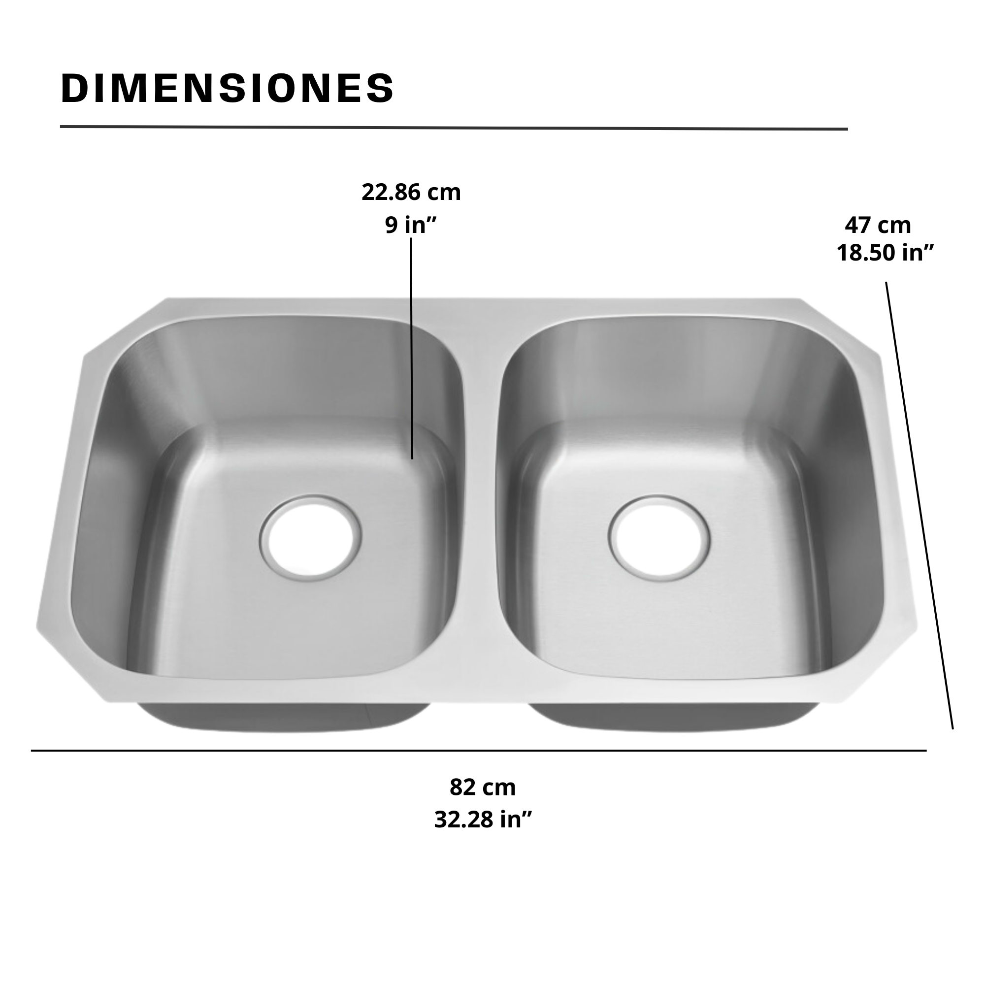 Tarja Doble para Submontar Calibre 18'' - Fregadero para Cocina de Acero Inoxidable 304 Calibre 18" de Alta Resistencia - Color Plata Satinado