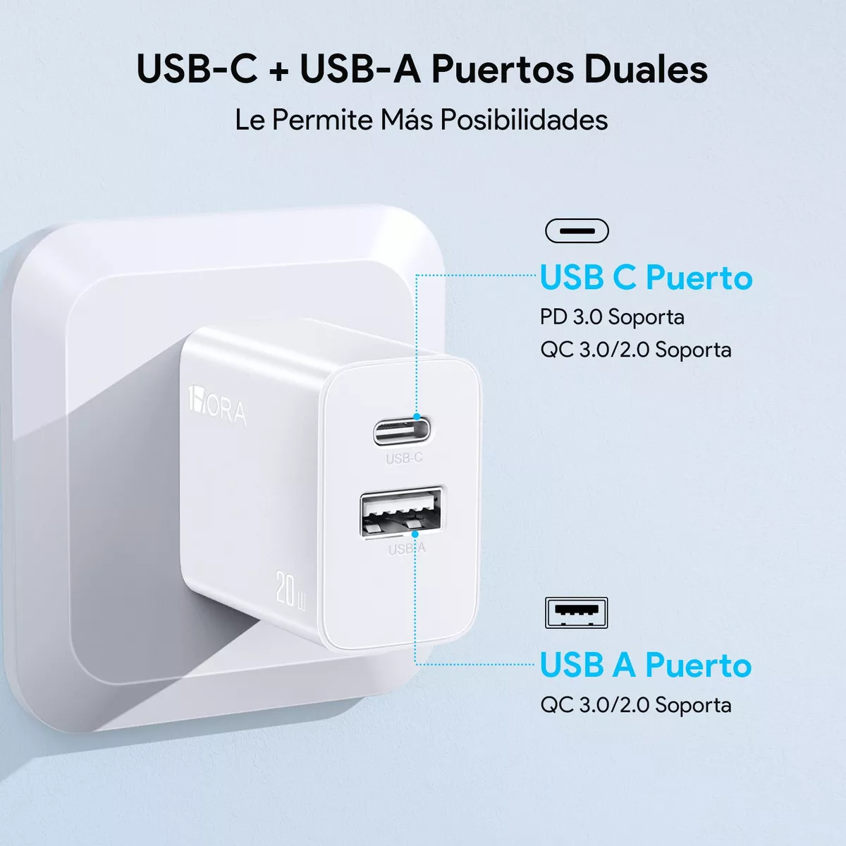 Cargador Turbo Dual USB A y Tipo C 20W 1Hora.