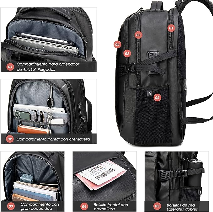 A Mochila para Laptop, ARCTIC HUNTER AH Mochila Antirrobo Impermeable con Puerto de Carga USB, Mochila de Negocios con Múltiples Compartimentos de 15.6 pulgadas
