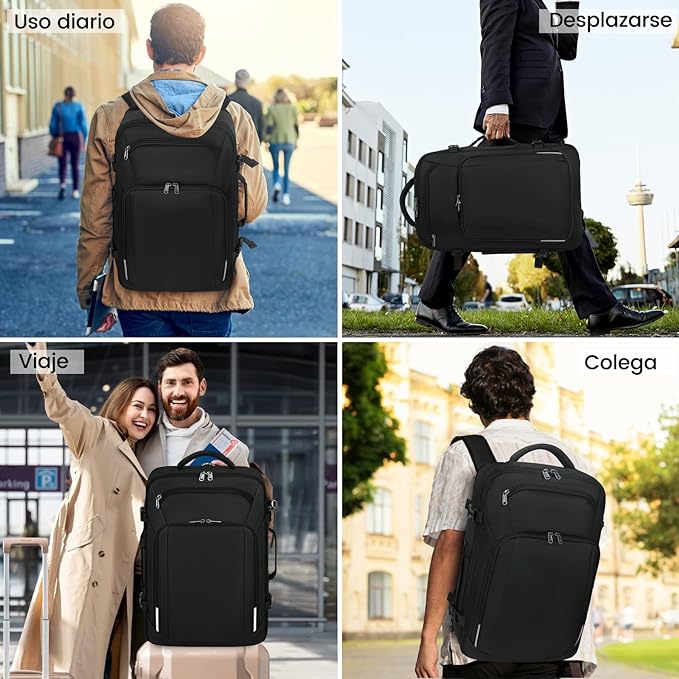 Mochila de viaje 40L, mochilas para hombre impermeable con bolsillo impermeable, mochila para laptop 17 pulgadas, mochilas de aprobada por la TSA, Trabajo, Negro, Gris