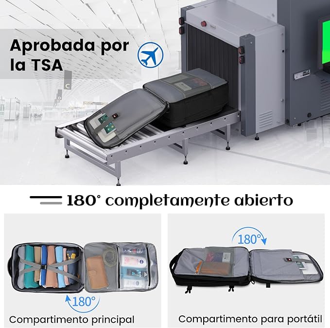 Mochila de viaje 40L, mochilas para hombre impermeable con bolsillo impermeable, mochila para laptop 17 pulgadas, mochilas de aprobada por la TSA, Trabajo, Negro, Gris