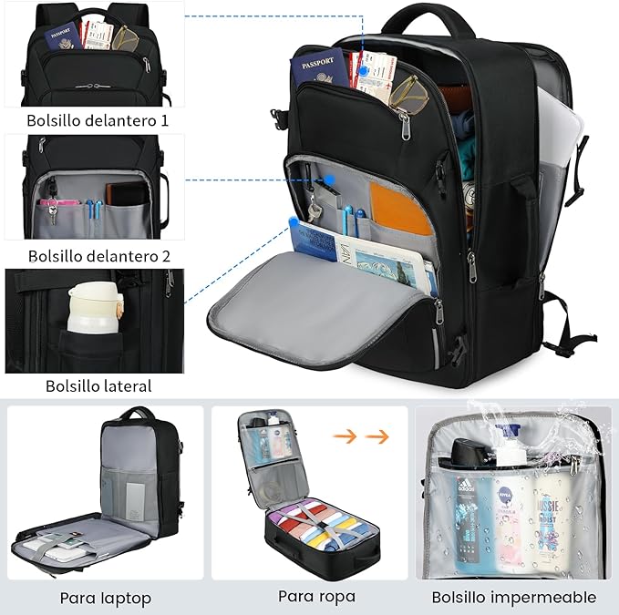 Mochila de viaje 40L, mochilas para hombre impermeable con bolsillo impermeable, mochila para laptop 17 pulgadas, mochilas de aprobada por la TSA, Trabajo, Negro, Gris