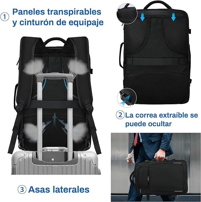 Mochila de viaje 40L, mochilas para hombre impermeable con bolsillo impermeable, mochila para laptop 17 pulgadas, mochilas de aprobada por la TSA, Trabajo, Negro, Gris