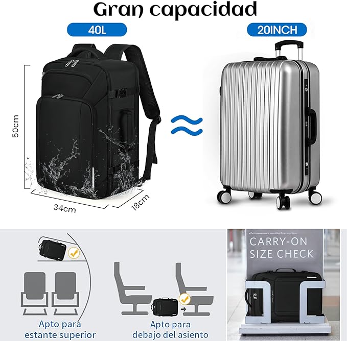 Mochila de viaje 40L, mochilas para hombre impermeable con bolsillo impermeable, mochila para laptop 17 pulgadas, mochilas de aprobada por la TSA, Trabajo, Negro, Gris