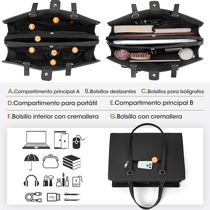 A Bolsas de mujer para Laptop 15.6 Pulgadas Maletin para laptop mujer Impermeable Tote bag mujer de Gran Capacidad Portafolios para mujer Negra, Marrón