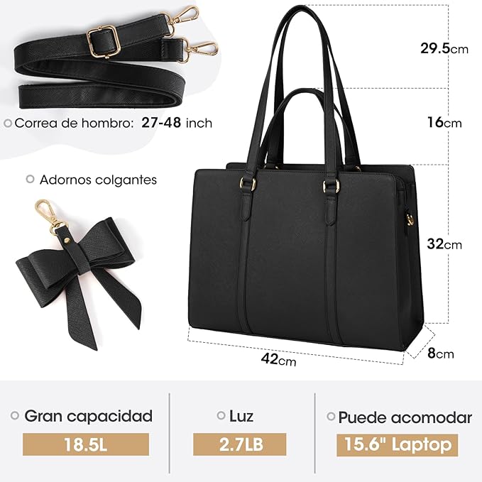 A Bolsas de mujer para Laptop 15.6 Pulgadas Maletin para laptop mujer Impermeable Tote bag mujer de Gran Capacidad Portafolios para mujer Negra, Marrón