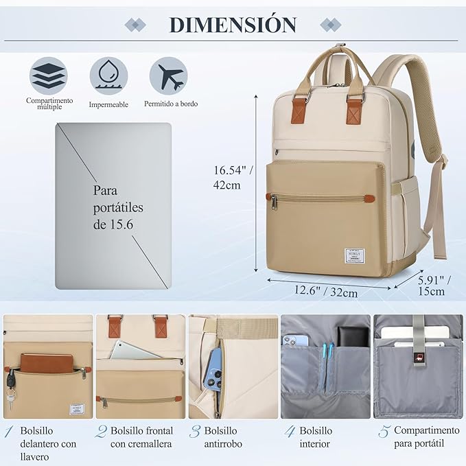 A RAINSMORE Mochilas para Mujer Mochila para Laptop Mochila de Viaje Mochila para Portátil de 15.6 Pulgadas Backpack Ligera Mochilas Laptop Caqui