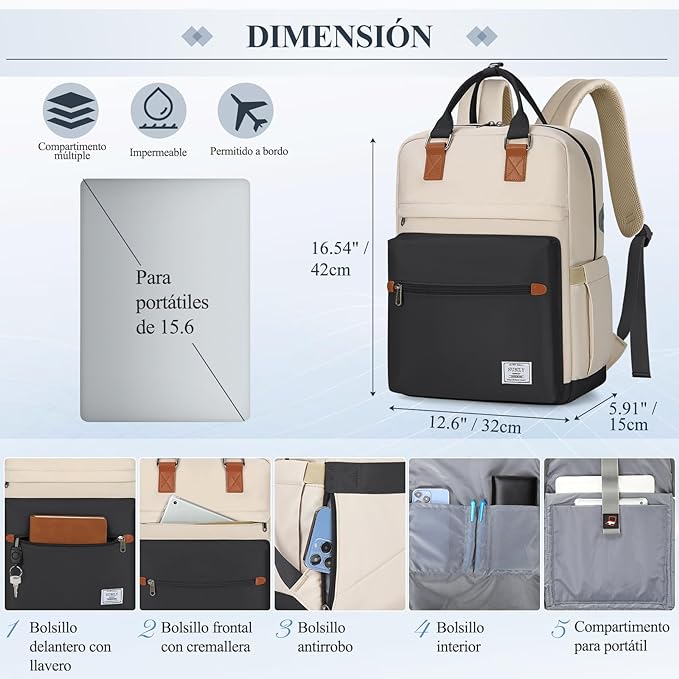 A RAINSMORE Mochilas para Mujer Mochila para Laptop Mochila de Viaje Mochila para Portátil de 15.6 Pulgadas Backpack Ligera Mochilas laptop Negro.