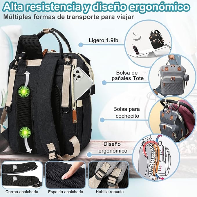 A Mochila de Bolsa de Pañal, Mochila Pañalera Multifuncional Impermeable de Viaje Gran Capacidad, Bolsas de Pañales de Maternidad Bolsillo Térmico de Aislamiento de Bebé para Mamás Papás