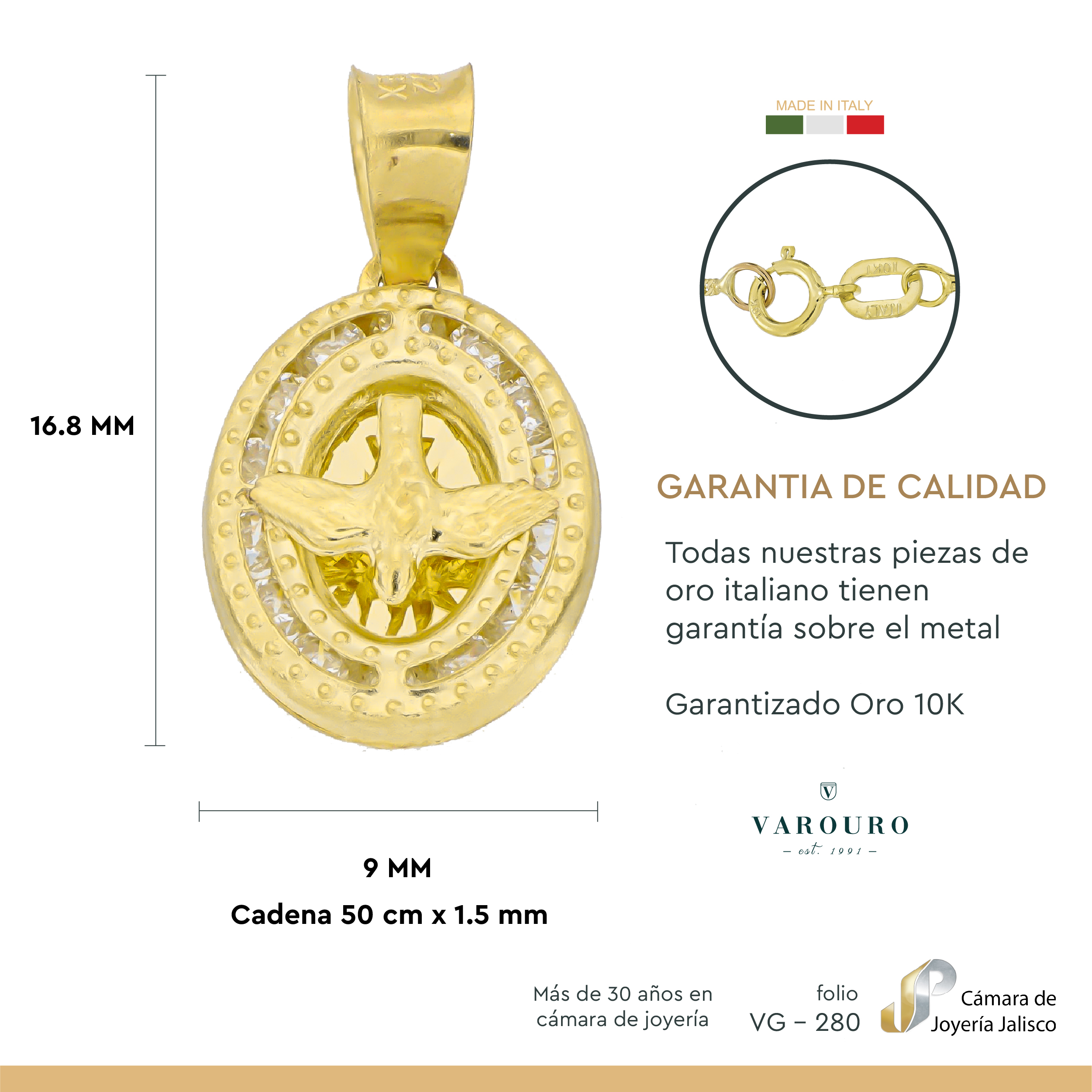 Medalla De Bautizo Espíritu Santo Y Cadena De Oro Sólido 10k